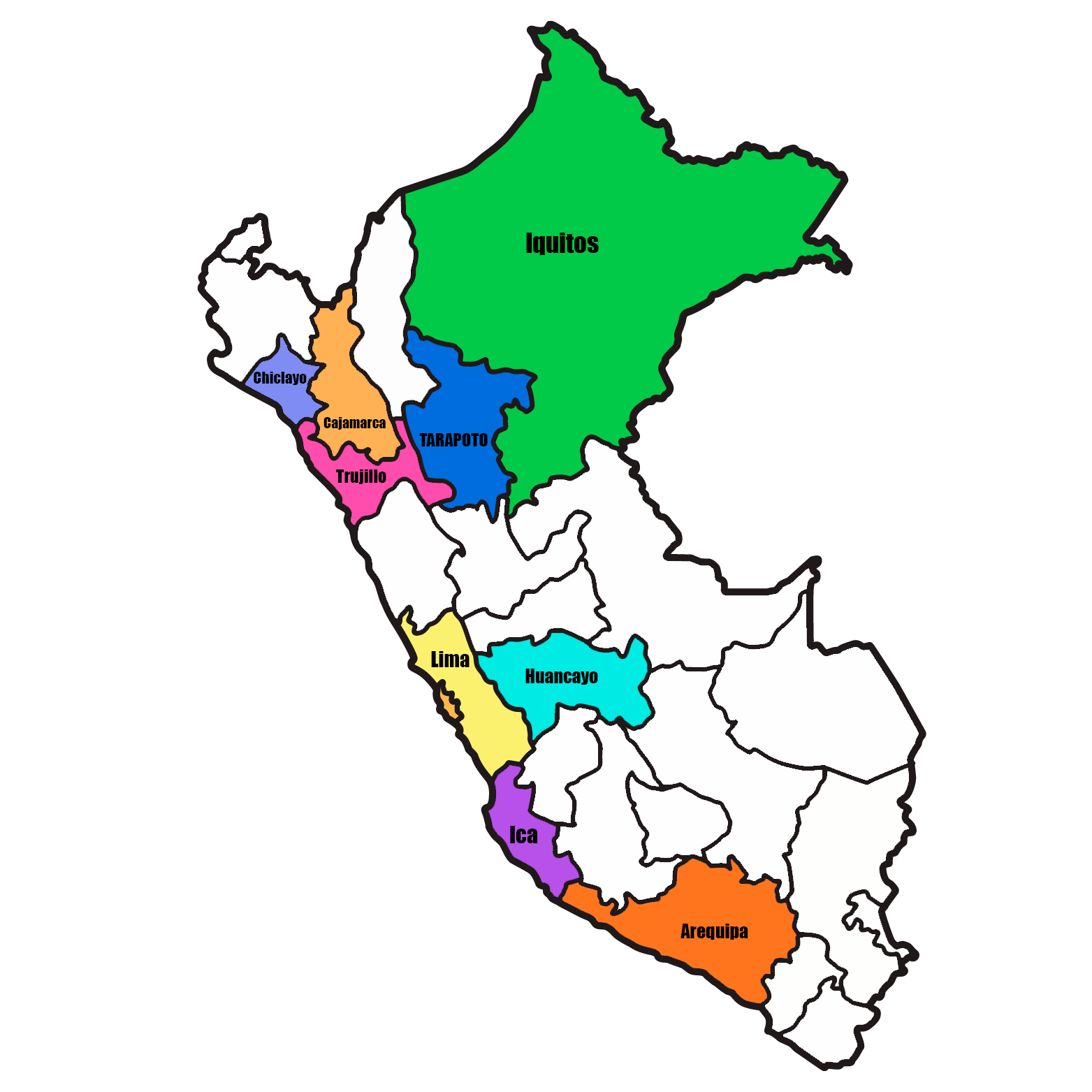 Mapa del Perú con los nueve departamentos donde el envío es sin costo: Lima, La Libertad (Trujillo), Lambayeque (Chiclayo), Junín (Huancayo), Ica, Arequipa, San Martín (Tarapoto), Cajamarca y Loreto (Iquitos).